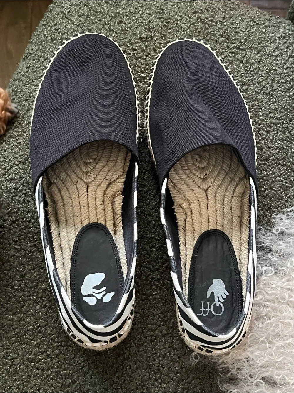 Off-White Black Canvas Espadrille Slip-Ons with Black-and-White Striped Heel